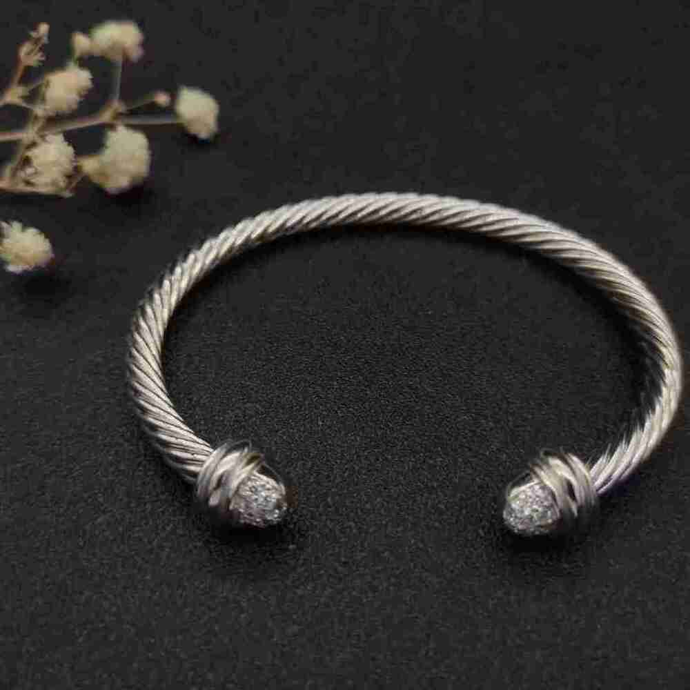 David Yurman Cable Classic Cuff Bracelet Pave Diamond Tip Silver Tone Unisex - Picture 5 of 5